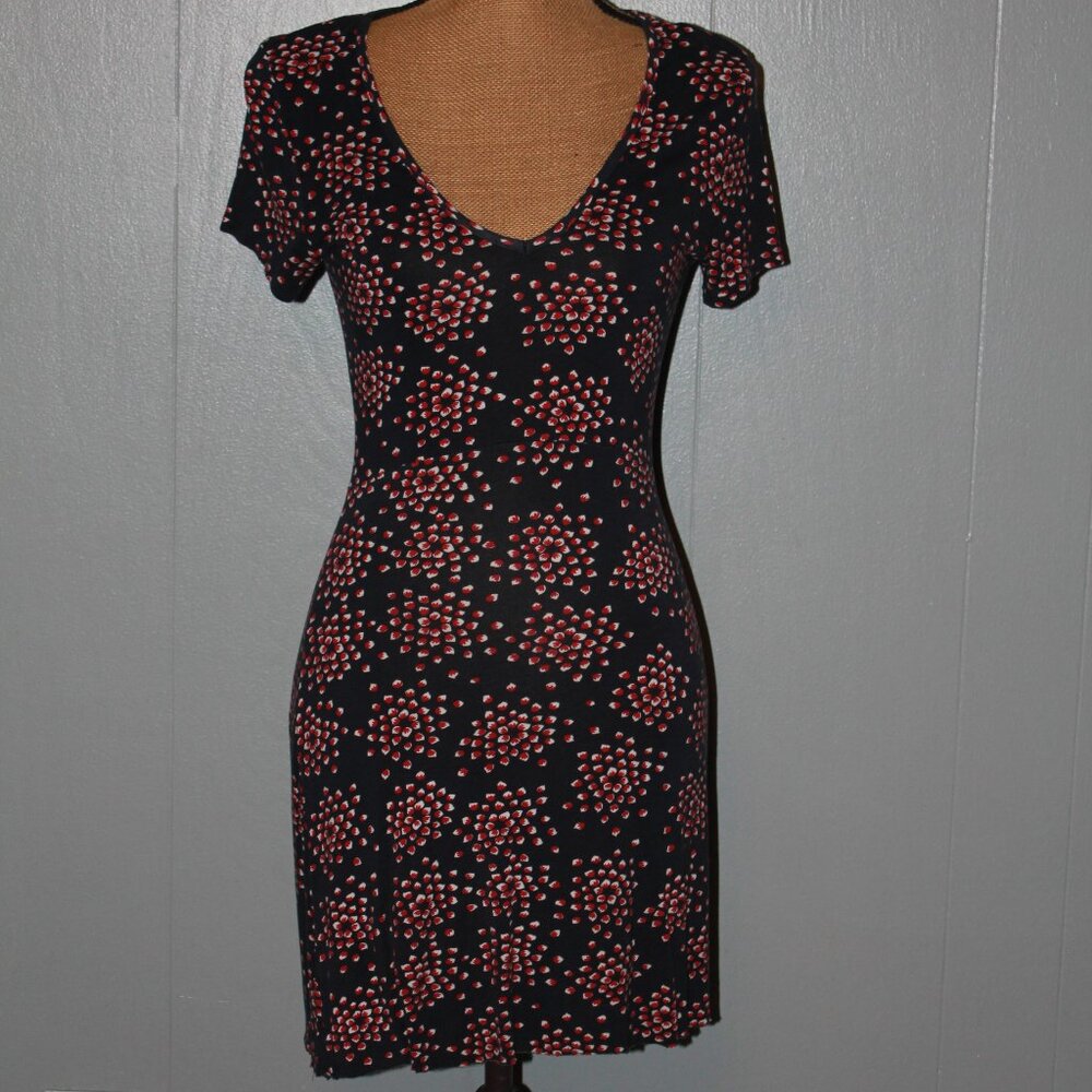 Hering Navy Blue Dress with Red and White Dhalia Floral Print - Small